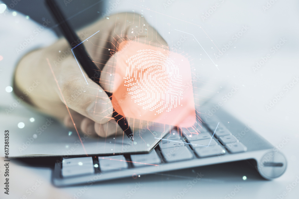 Aufkleber Multi exposure of creative fingerprint hologram with hand writing in notebook on background with laptop, personal biometric data concept