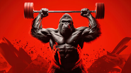 Fototapeta na wymiar Gorilla holds a barbell on a red background. AI generation