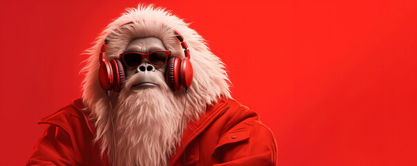 A huge yeti in glasses and headphones listens to music on a red background. Banner, copy space. AI generation