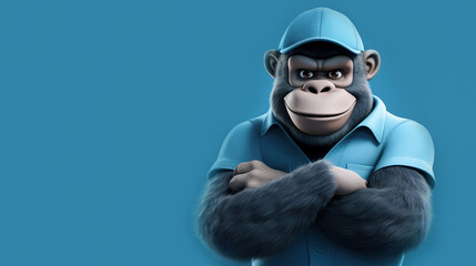 Monkey in a blue working uniform on a blue background. AI generation
