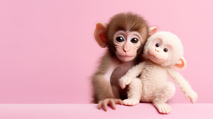 Cute monkey with a plush toy on a pink background. Banner, copy space. AI generation