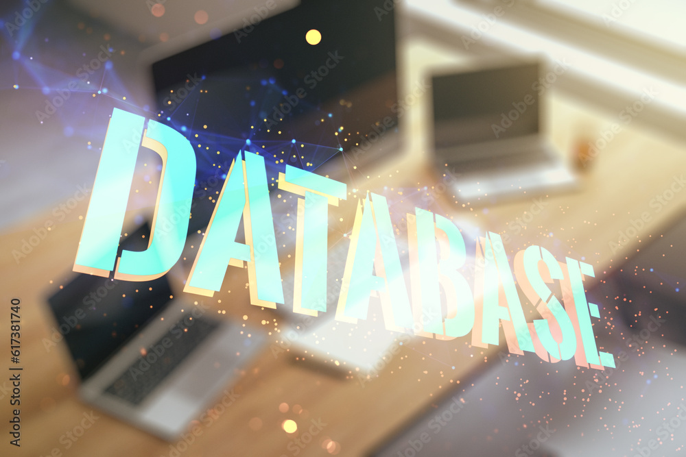 Aufkleber Double exposure of Database word sign and modern desktop with computer on background, global research and analytics concept