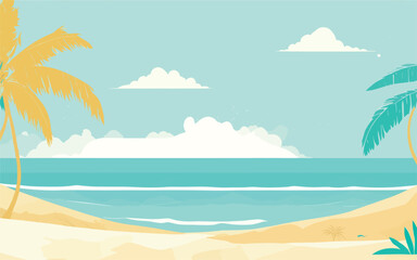 Fototapeta na wymiar background illustration showcasing a serene coastal scene with golden sand beaches, turquoise waters, and palm trees swaying in the breeze. a minimalist and tranquil ambiance, appealing to beach
