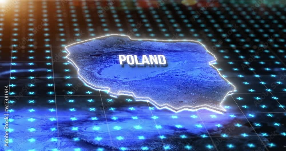 Poster Digital, world and Poland on a map for information technology or virtual, global networking or connectivity. Future, data and dashboard for innovation, research or telecommunication on planet earth