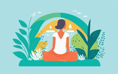 Fototapeta na wymiar thought provoking vector illustration that explores the concept of mindfulness and inner peace. serene figure in a meditative pose, surrounded by floating lotus flowers, gentle waves, soothing colors