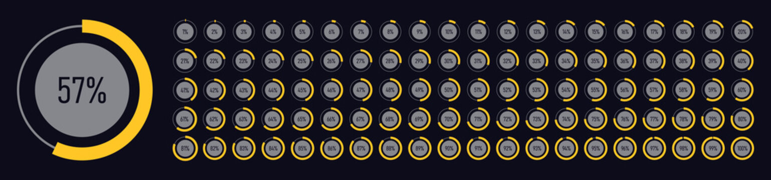 Percentage loading bar. Percentage loading, downloading or uploading progress in circle form. Circle diagrams or infographic for UI, apps and web design with progress in percent from 0 to 100. Vector.