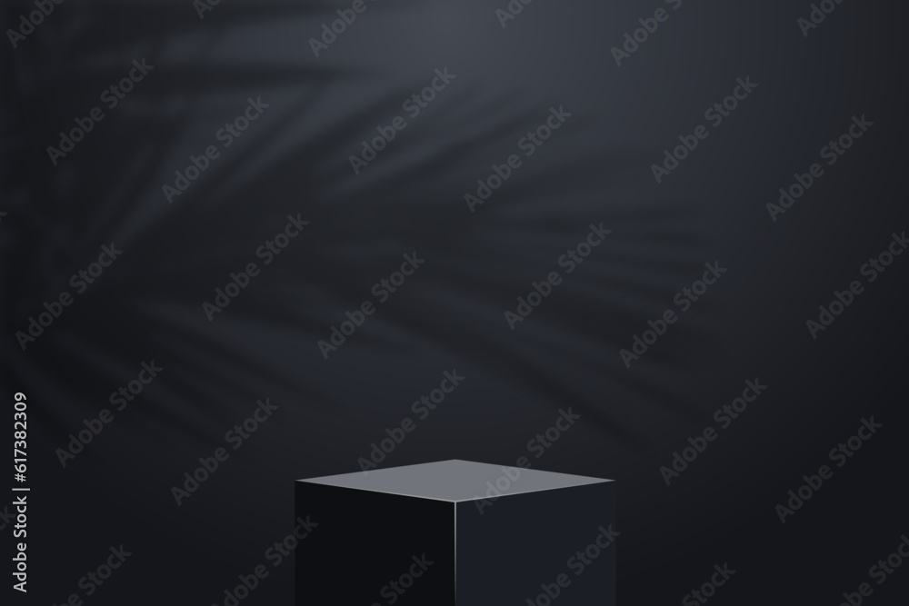 Poster realistic dark platform with shadow overlay of palm tree branch. stage with empty pedestal and trans