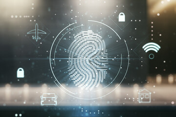 Double exposure of virtual creative fingerprint hologram on contemporary business center exterior background, protection of personal information concept