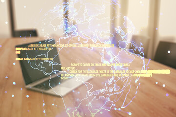 Multi exposure of abstract programming language hologram with world map on computer background, artificial intelligence and neural networks concept