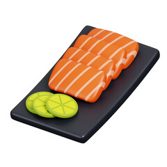 Salmon sashimi with lemon, raw fish in black plate isolated on white. Cute Japanese food icon. 3D illustration.