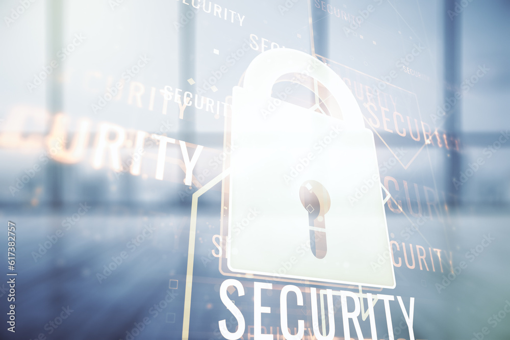 Poster virtual creative lock symbol and microcircuit illustration on empty corporate office background. pro