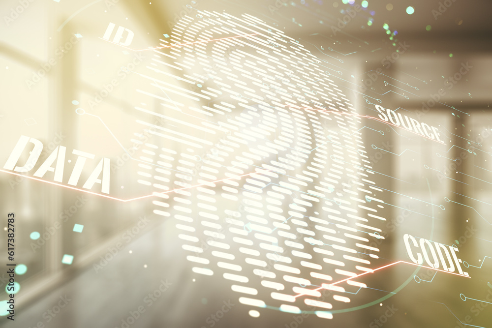 Poster multi exposure of virtual creative fingerprint hologram on empty corporate office background, person