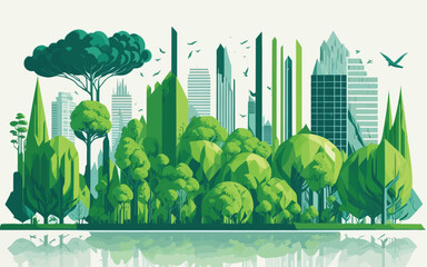 Fototapeta illustration that represents the delicate balance between nature and technology. futuristic cityscape seamlessly integrated with lush greenery and natural elements, emphasizing sustainable living and obraz