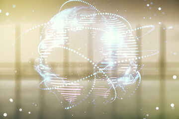 Abstract graphic digital world map hologram with connections on modern interior background, globalization concept. Multiexposure