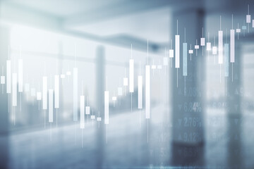 Abstract virtual financial graph hologram on empty corporate office background, forex and investment concept. Multiexposure