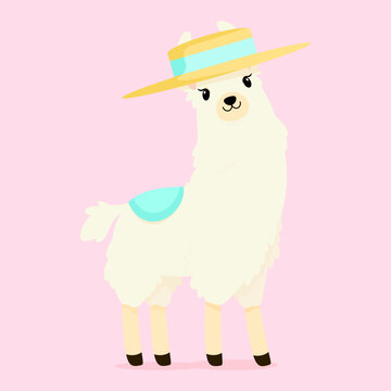 White Fluffy Llama In A Hat