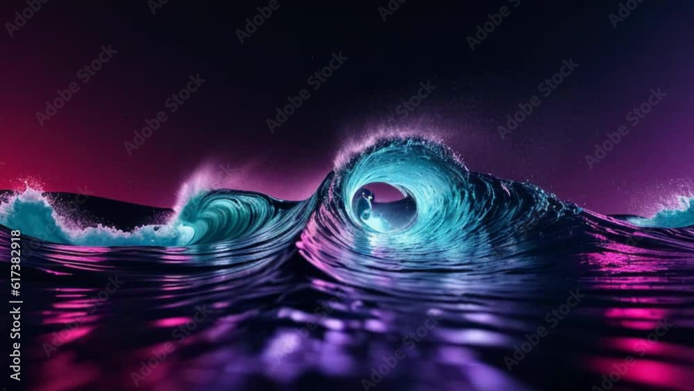 Poster neon multicolored waves on a dark background. bright, abstract, futuristic background. generative ai