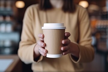 Generative AI illustration of a waitress holding and serving a paper cup of hot coffee in cafe, close focus in paper coffee cup in a hand