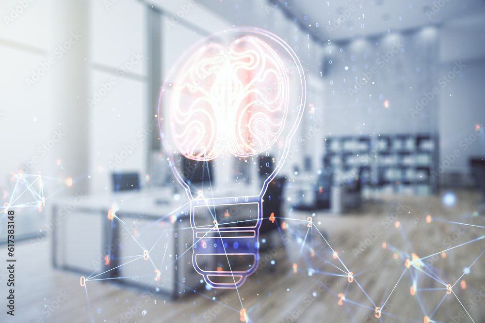 Poster double exposure of abstract virtual creative light bulb hologram with human brain on modern corporat