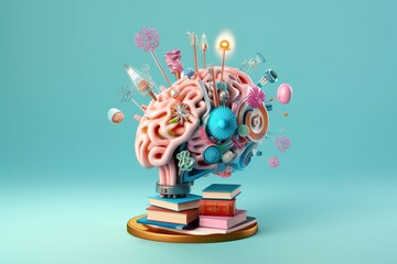 Generative AI illustration of brain with a education ideas, new discoveries and scientific inventions, books, lamp, gear wheels, puzzle on bright background