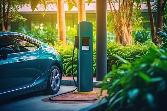 Generative AI illustration of EV charging station for electric car in concept of green energy, eco power produced from sustainable source to supply to charger station in order to reduce CO2 emission