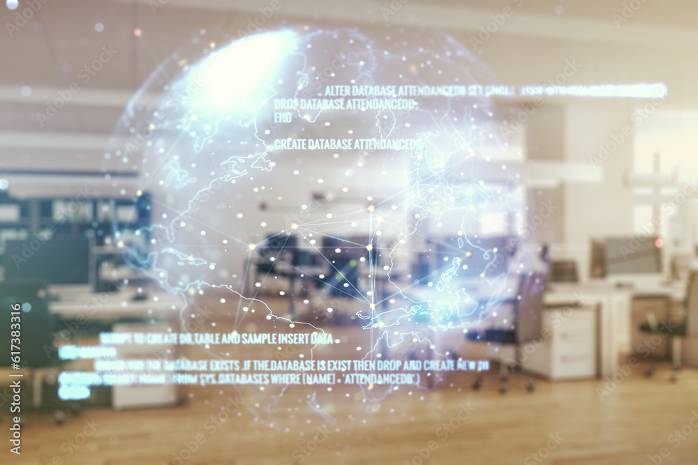 Poster Multi exposure of abstract graphic coding sketch and world map on a modern furnished classroom background, big data and networking concept