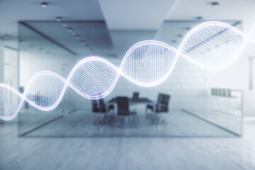 Virtual DNA symbol illustration on a modern furnished office background. Genome research concept....