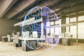 Double exposure of creative human brain microcircuit hologram on a modern furnished office interior background. Future technology and AI concept