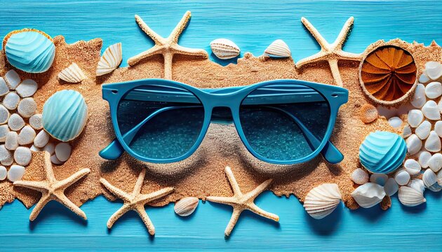 Generative AI illustration of seashell starfish and beach sand on blue wooden background. Summer holiday banner. Sunglasses in center. Top view, sunlight
