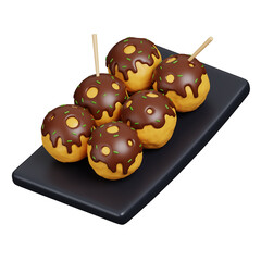 Takoyaki, octopus balls on black plate isolated on white. Cute Japanese food icon. 3D illustration.