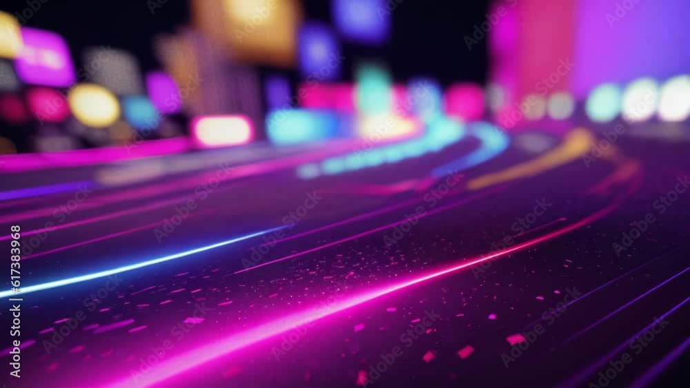 Poster Futuristic abstract background glowing neon light, moving high speed wave lines with curves and bokeh lights. Sci-fi and Data transfer concept wallpaper background, generative ai