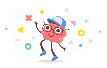 Vector illustration of happy brain character with glasses and cap on white color background. Flat style design of business pink brain character