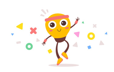 Vector illustration of happy light bulb character with eyes and sport band on white color background. Flat style design of business yellow light bulb character
