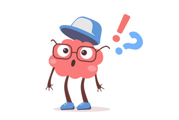 Vector illustration of brain character with glasses, cap and question mark. Flat style design of business pink brain character think