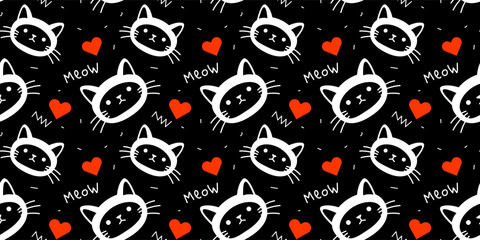 Vector seamless pattern of animal cat head, red heart and word meow on black color background. Flat style design of cute pattern with cat