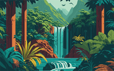 vector illustration a panoramic view of a tropical rainforest, with multiple waterfalls cascading down rugged cliffs, surrounded by diverse flora and fauna. dynamic energy and visual spectacle of the