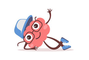 Vector illustration of happy brain character with glasses and cap lie down and rest. Flat style design of business pink brain character on white color background
