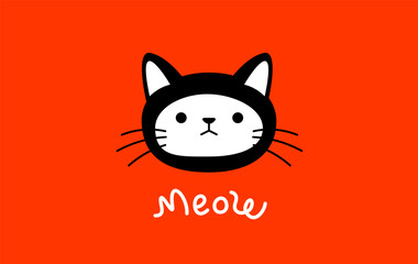 Vector illustration of head of happy animal cat character on red color background. Flat style design of black and white cute cat with moustache and word meow