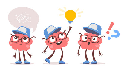 Vector set of illustration of happy brain character in different pose on white color background. Flat style design of think kid character in glasses and cap with light bulb, speech bubble, idea