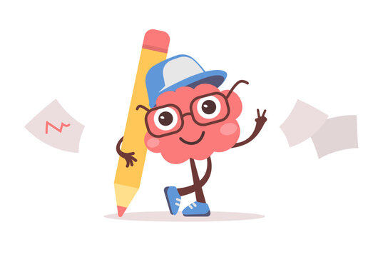 Vector illustration of happy brain character with glasses, cap and pencil with paper. Flat style design of business pink brain character on white color background