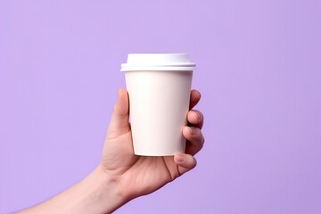 Generative AI illustration of paper coffee cup in a hand, isolated purple background