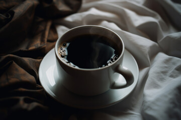 A Cup Of Black Coffee On White Bedsheets, Generative AI