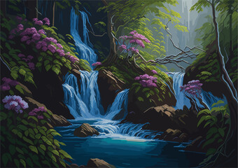 a vector background image inspired by the natural world, showcasing a lush rainforest teeming with diverse flora and fauna, cascading waterfalls, and rays of sunlight piercing through the dense canopy