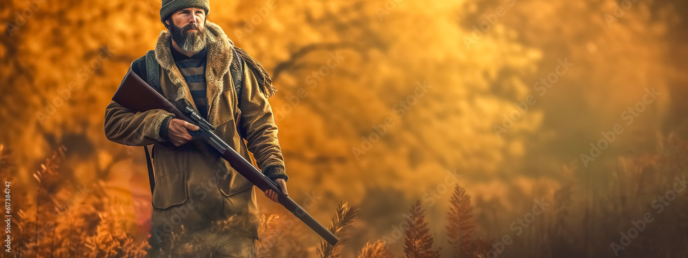 Wall mural hunter with a gun in the forest, banner with copy space made with generative ai