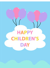 happy childrens day with balloons and cloud