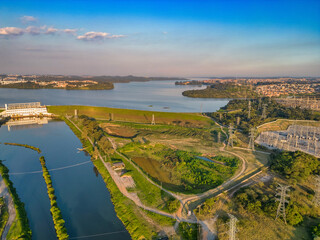 Sao Paulo, Sao Paulo, Brazil. June, 25th 2023. Aerial image of the Jardim Pedreira neighborhood in S&atilde;o Paulo. With the Eleva&ccedil;&atilde;o Pedreira Hydroelectric Plant and the Piratininga thermoelectric plant.