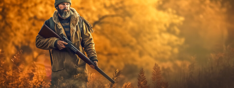 hunter with a gun in the forest, banner with copy space made with Generative AI