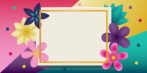 Tropical flowers frame. Exotic floral template for party invitations, sale posters and birthday greeting cards. Vector illustration.