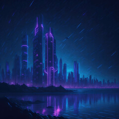 Sci-Fi Futuristic Modern Skyscrapers,  Future City View, Alien Elements, Neon Tube Lights On Facade, Generative AI