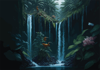 a vector background image inspired by the natural world, showcasing a lush rainforest teeming with diverse flora and fauna, cascading waterfalls, and rays of sunlight piercing through the dense canopy